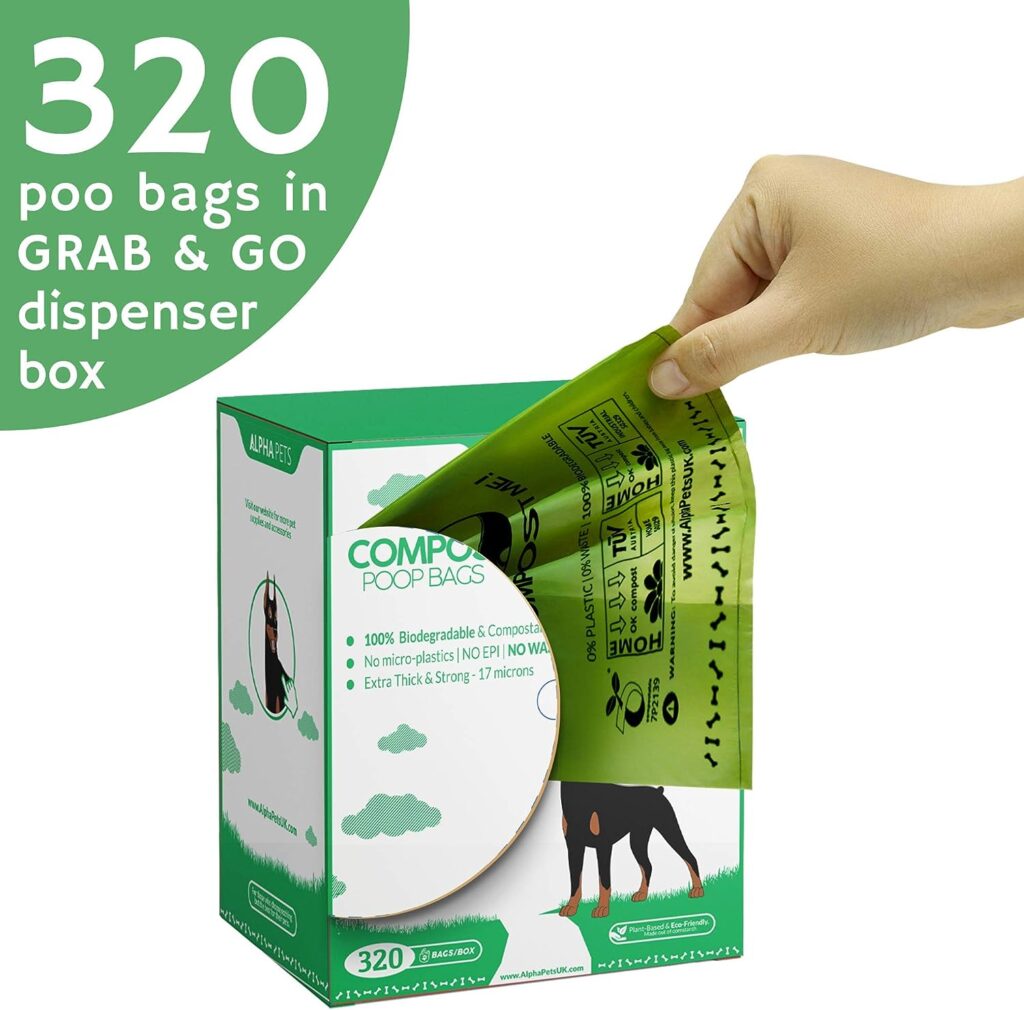 Alpha Pets Compostable Dog Poo Bags With Easy-Tie Handles - 320 Medium-Large Biodegradable Cornstarch Pet Waste Bags - 3 Month Supply With Dispenser Box