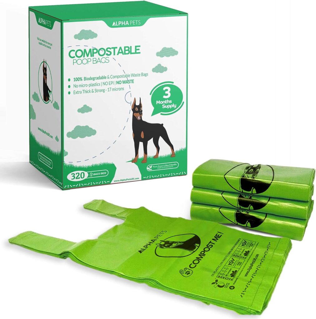 Alpha Pets Compostable Dog Poo Bags With Easy-Tie Handles - 320 Medium-Large Biodegradable Cornstarch Pet Waste Bags - 3 Month Supply With Dispenser Box