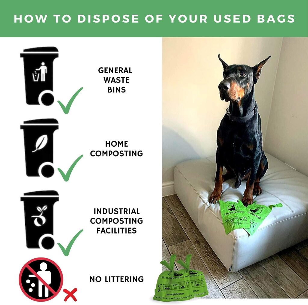 Alpha Pets Compostable Dog Poo Bags With Easy-Tie Handles - 320 Medium-Large Biodegradable Cornstarch Pet Waste Bags - 3 Month Supply With Dispenser Box