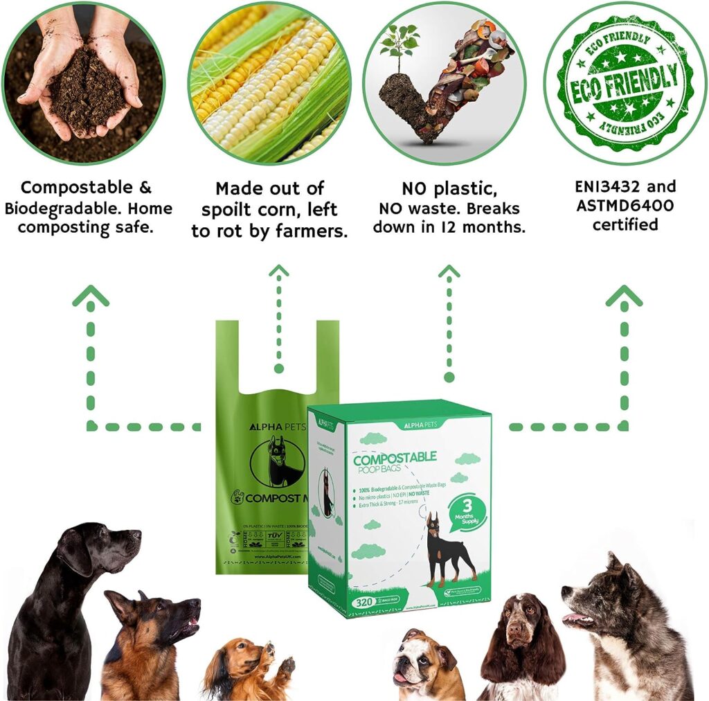 Alpha Pets Compostable Dog Poo Bags With Easy-Tie Handles - 320 Medium-Large Biodegradable Cornstarch Pet Waste Bags - 3 Month Supply With Dispenser Box