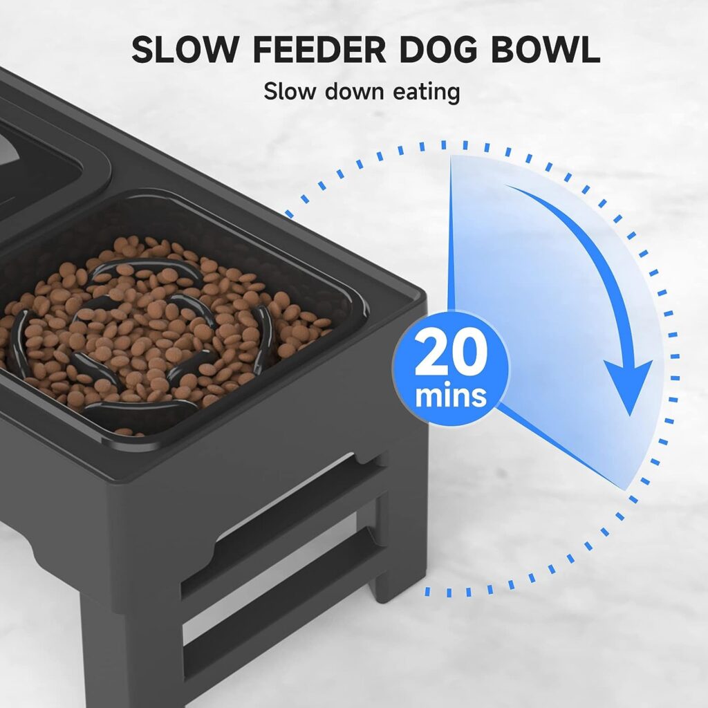 ELS PET Raised Dog Bowl: 2-in-1 Elevated Dog Bowl with Slow Feeder and Non-Spill Slow Water Bowl, 4 Height Adjustable Pet Dispenser with Stand for Small Medium Large Dog Cat