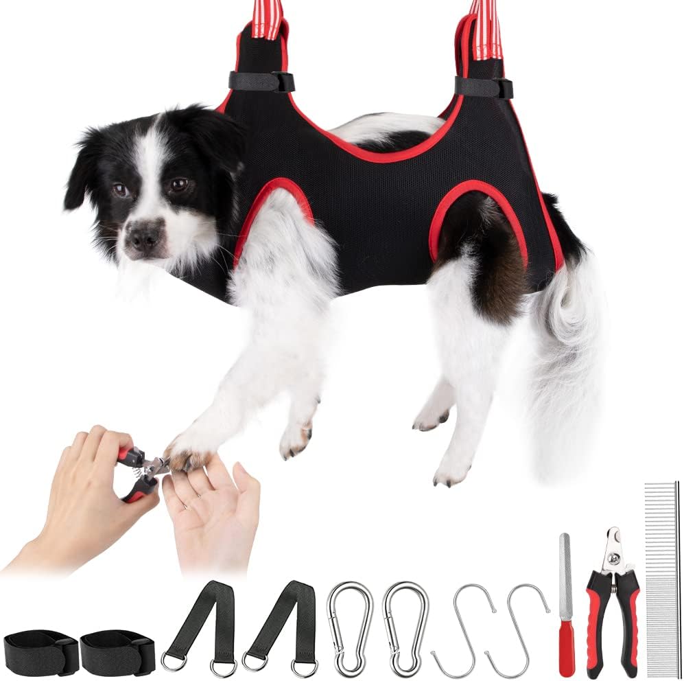 Eyein Pet Grooming Hammock Supplies Kit for Dogs  Cats, 12 In 1 Dog Grooming harness with Comb  Nail Clippers/Breathable Dog Grooming Restraint Bag for Pets Nail Trimming Bathing Ears Care Washing