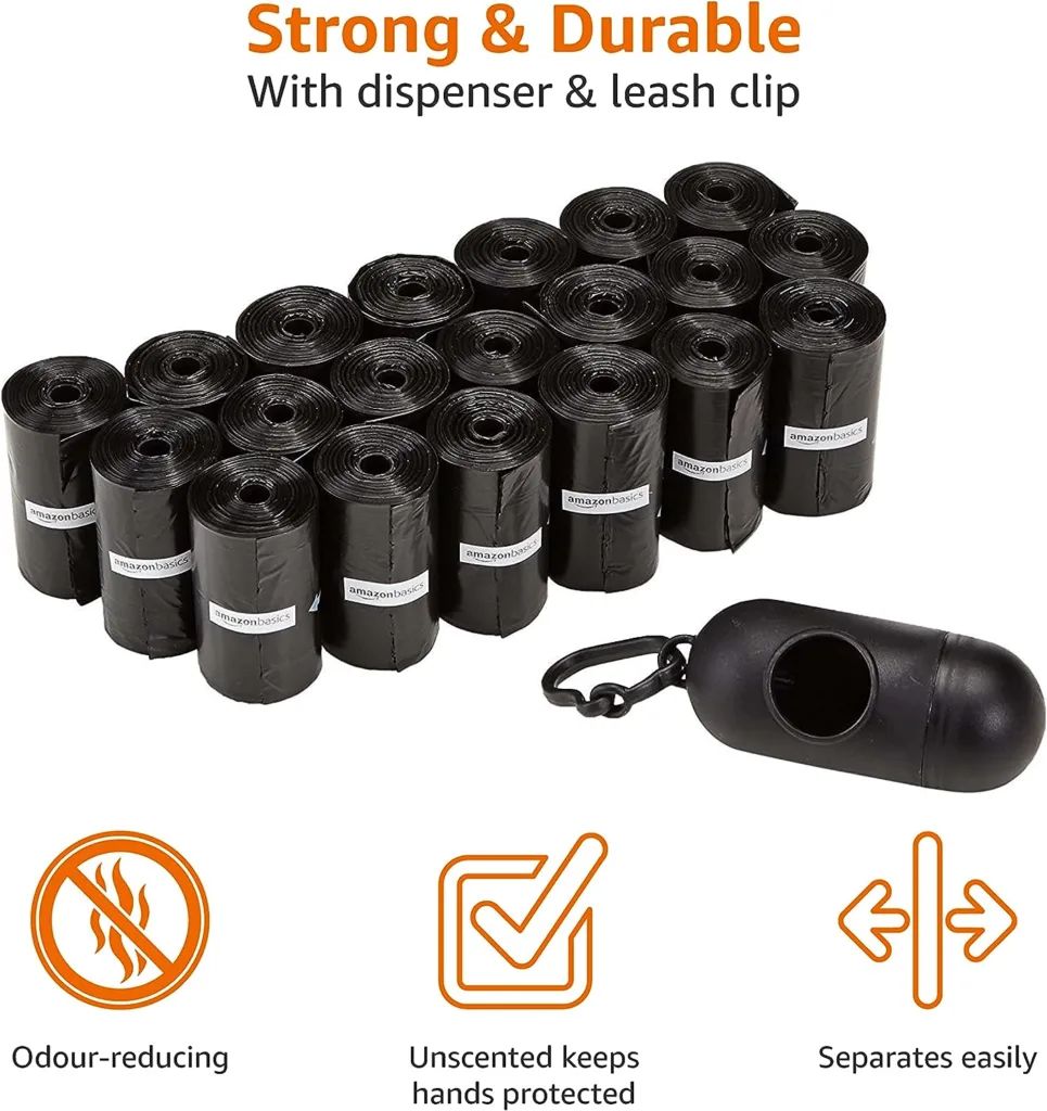 Amazon Basics Dog Poop Bags With Dispenser and Leash Clip, Unscented, 15 Count (Pack of 20), Total 300 Count, Black, 13 Inch x 9 Inch