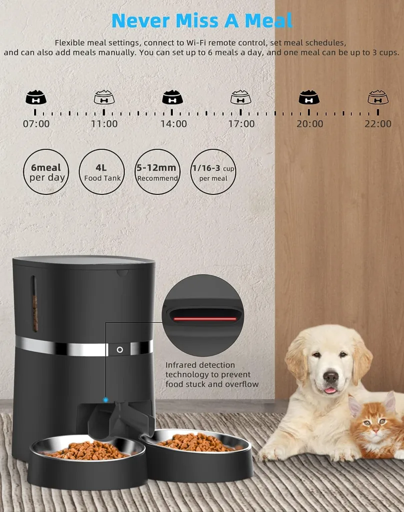 Automatic Cat Feeder, 2.4GHz WiFi Dry Food Dispenser for 2 Cats, APP Control, 2 Stainless Steel Bowls, 1-6 Meals Portion Control, Voice Recorder, Dual Power Supply, for Small/Medium Pets, 4L