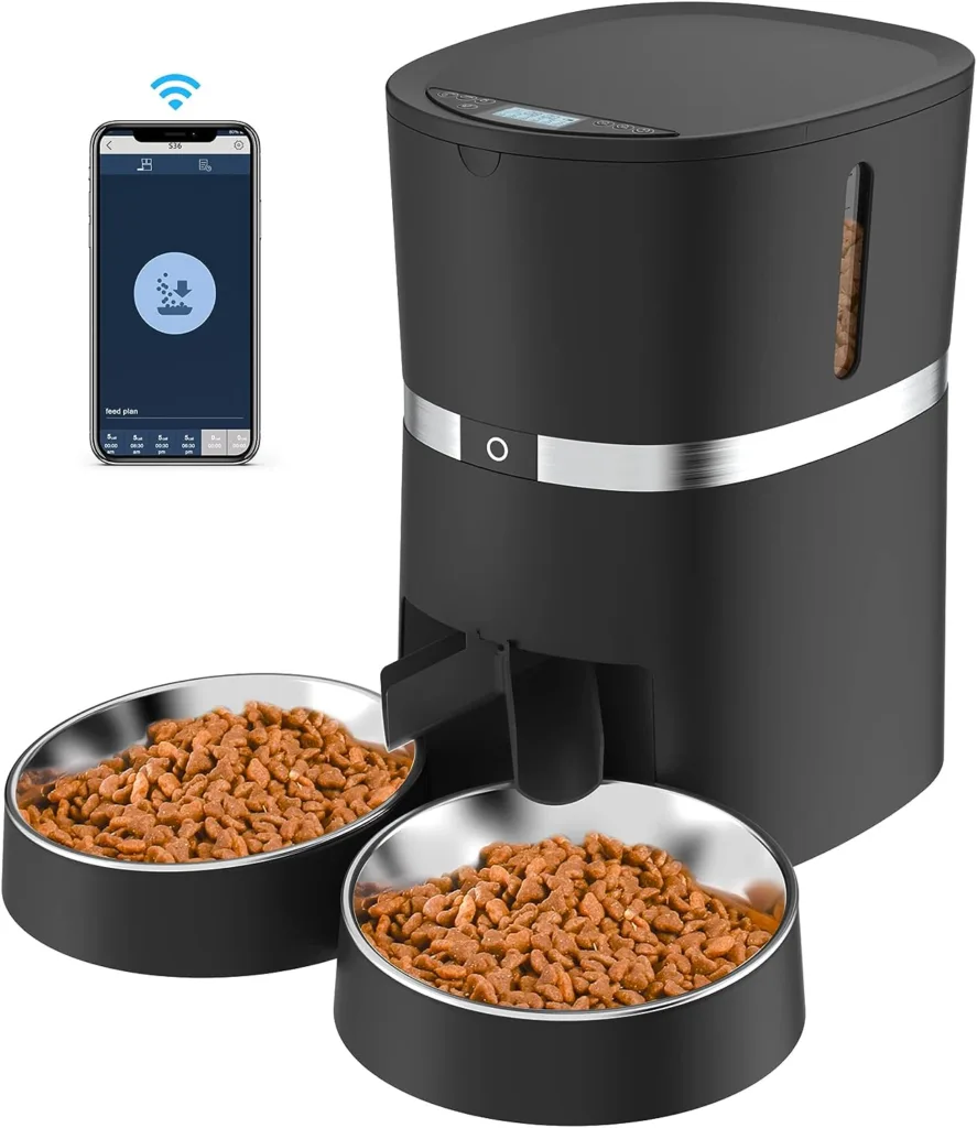 Automatic Cat Feeder, 2.4GHz WiFi Dry Food Dispenser for 2 Cats, APP Control, 2 Stainless Steel Bowls, 1-6 Meals Portion Control, Voice Recorder, Dual Power Supply, for Small/Medium Pets, 4L