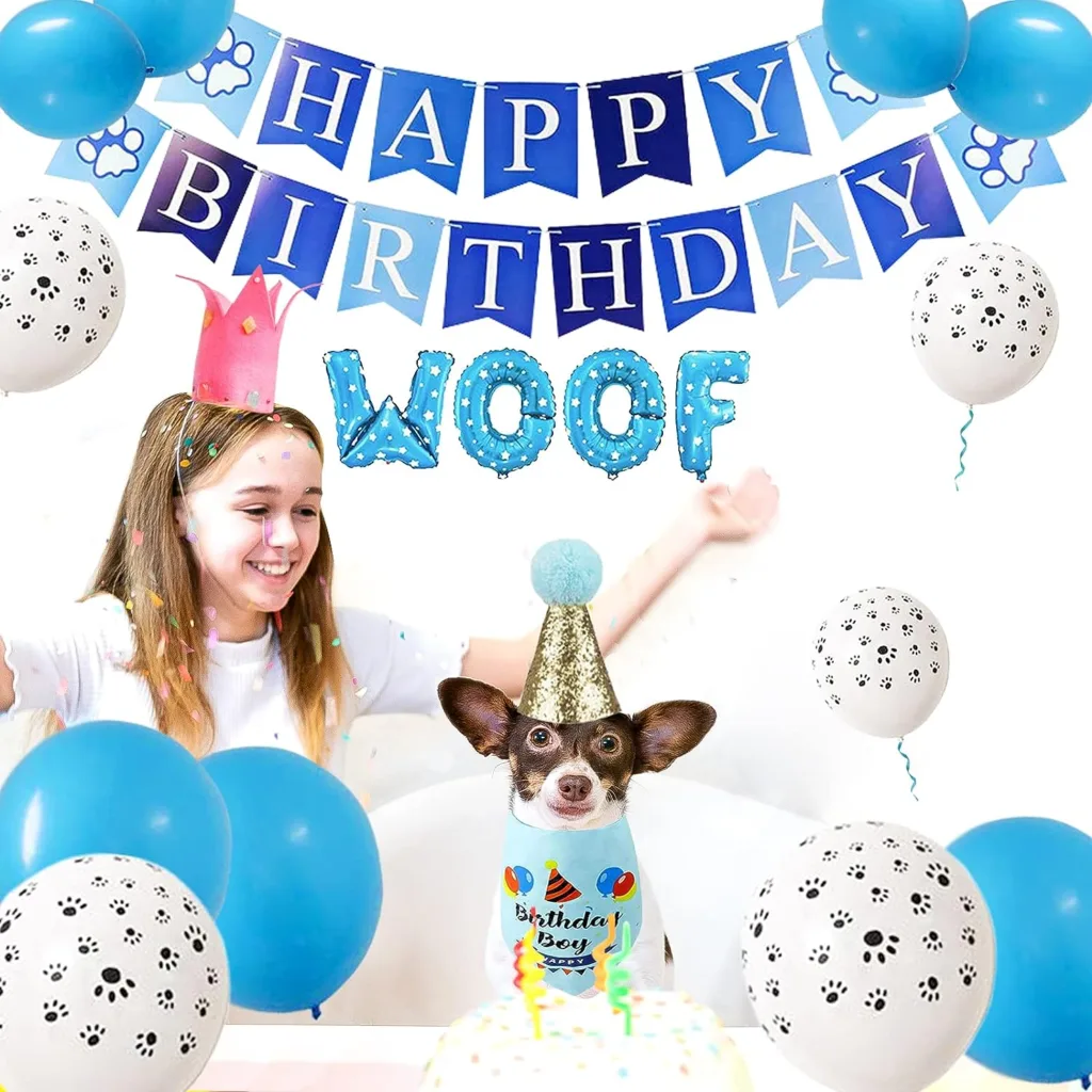 Dog Birthday Bandana Hat Set Dog Birthday Party Supplies Dog Happy Birthday Bandana Party Glittering Hat Cute Bowtie Tie and 10PCS 12 Inch Paw Print Balloon for Dog Pet Birthday Decorations (Blue)