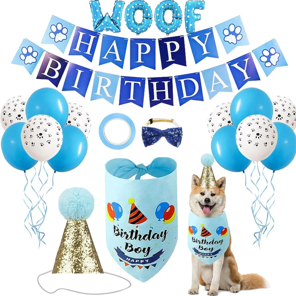 Dog Birthday Bandana Hat Set Dog Birthday Party Supplies Dog Happy Birthday Bandana Party Glittering Hat Cute Bowtie Tie and 10PCS 12 Inch Paw Print Balloon for Dog Pet Birthday Decorations (Blue)