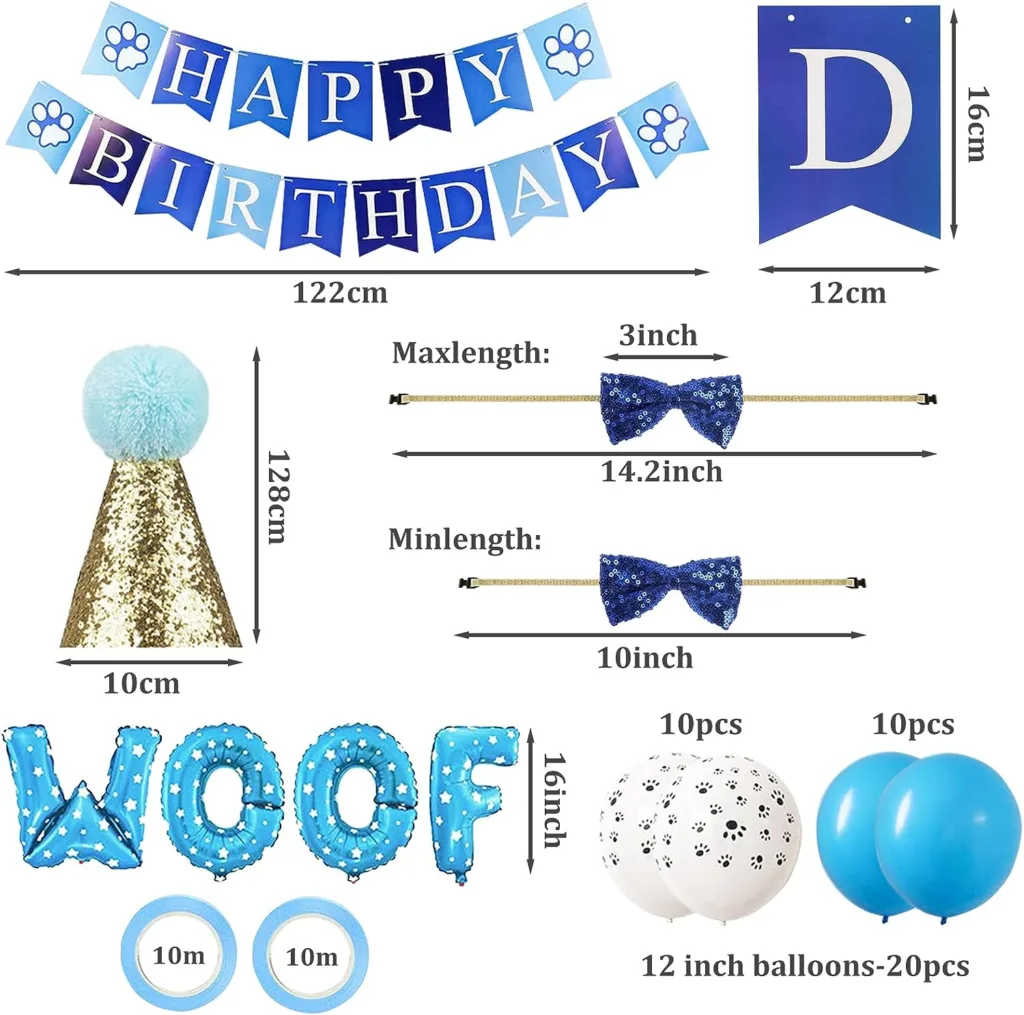 Dog Birthday Bandana Hat Set Dog Birthday Party Supplies Dog Happy Birthday Bandana Party Glittering Hat Cute Bowtie Tie and 10PCS 12 Inch Paw Print Balloon for Dog Pet Birthday Decorations (Blue)