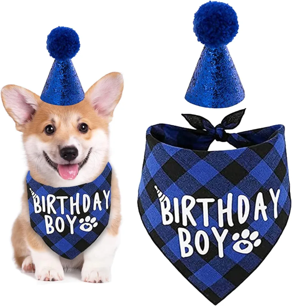 Dog Birthday Bandana, Pets Birthday Party Supplies Cotton Triangle Boy Dog Scarf with Cute Dog Birthday Hat for Small Medium Dogs Cats Costumes Headwear (Blue)