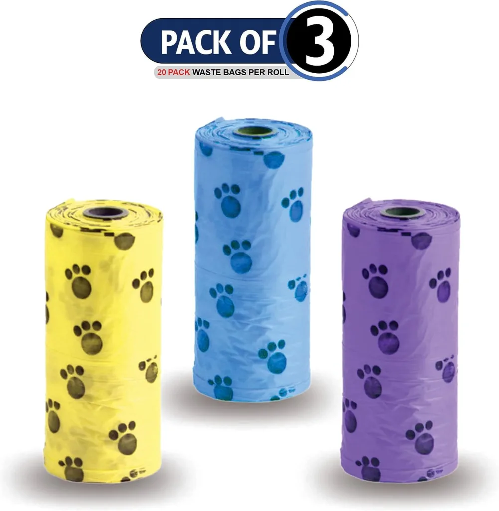 Dog Poo Bag Heavy Duty Pet Waste Bags Disposal Bag Leak Proof Puppy Poop Bags Print Paw Design Extra Thick Disposable Doggy Refill Rolls For Dogs Pet Supplies Assorted Colour 3 X 20Pc (Pack Of 1)