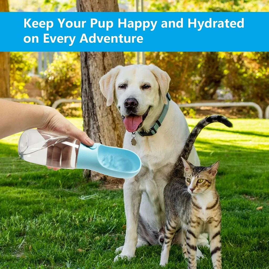 Dog Water Bottles, 550ml Portable Dog Water Bottle, Leakproof Dog Water Dispenser with 100ml Food Container and Activated Carbon Filter, Food Grade Dog Water Bottle for Walking, Outdoor, Hiking (Blue)