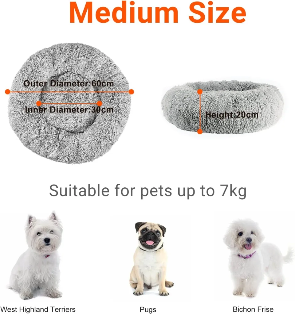 Donut Dog Bed,Calming Anti Anxiety Medium Dog Beds,Washable Soft Warm Plush Fleece Fluffy Soothing Cat Pet Cushion,Round Orthopedic Relief Improved Sleeping Non Slip Bottom Kitten Bed 60cm, Light Grey