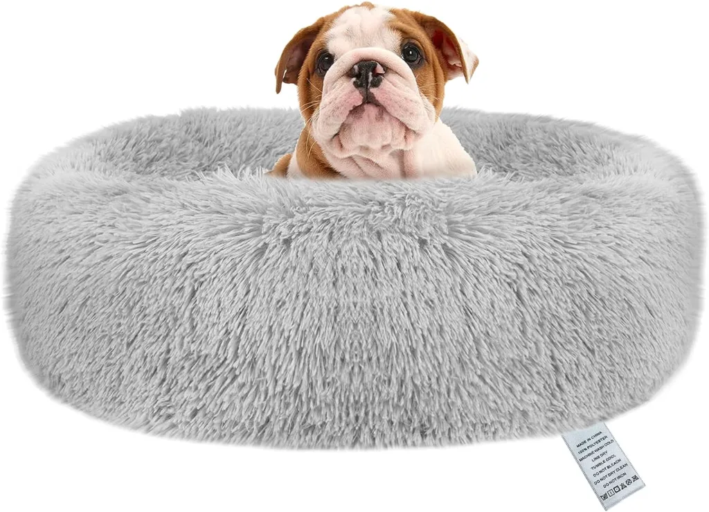 Donut Dog Bed,Calming Anti Anxiety Medium Dog Beds,Washable Soft Warm Plush Fleece Fluffy Soothing Cat Pet Cushion,Round Orthopedic Relief Improved Sleeping Non Slip Bottom Kitten Bed 60cm, Light Grey