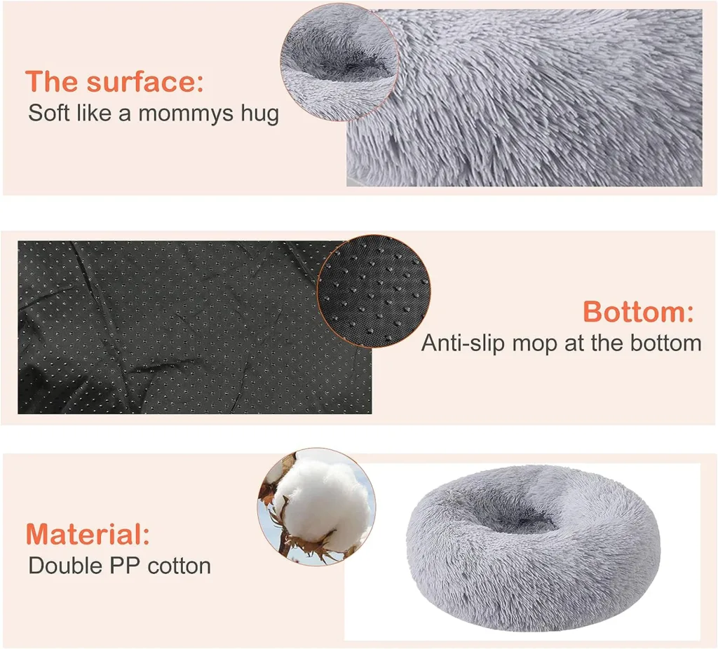 Donut Dog Bed,Calming Anti Anxiety Medium Dog Beds,Washable Soft Warm Plush Fleece Fluffy Soothing Cat Pet Cushion,Round Orthopedic Relief Improved Sleeping Non Slip Bottom Kitten Bed 60cm, Light Grey