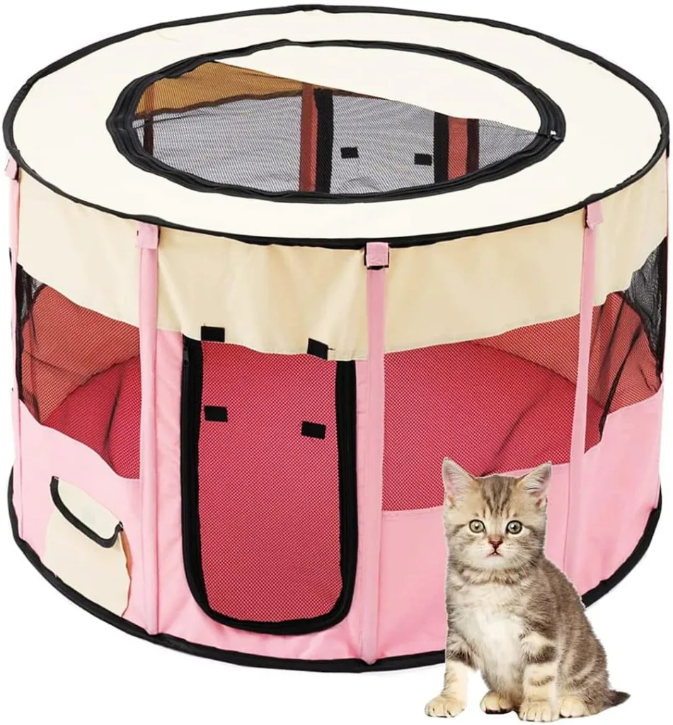 Floving Collapsible Round Park Portable Pet Park Indoor/Portable Foldable Pet Dog Cat Puppy Playpen (pink-S)