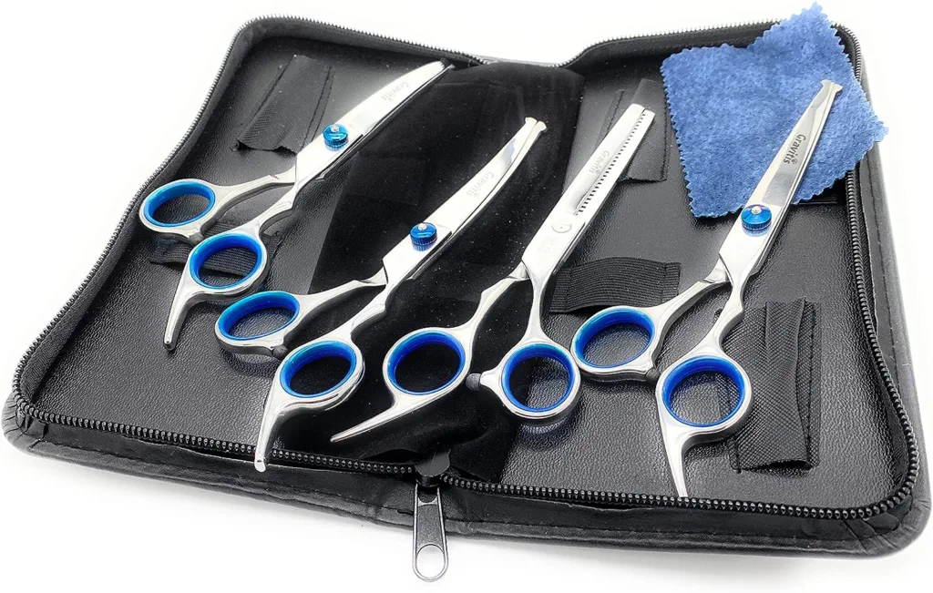 Gravitis Pet Supplies Professional Dog Grooming Scissors Five Piece Set with Case - 5 Pack: 2 x Curved Dog Trimming Scissors, Thinning Shears (Blending Scissors), Straight Scissors and Comb (Blue)