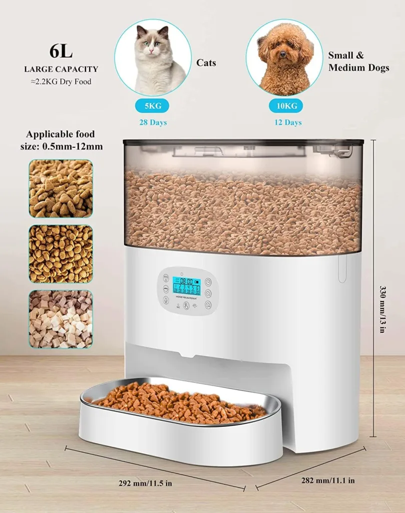 HoneyGuaridan Automatic Cat Feeder, Pet Feeder for Cat and Dog with Desiccant Box, 6L Food Dispenser with Timer, 1-24 Portions Control, Voice Recorder, Dual Power Supply - up to 6 Meals a Day