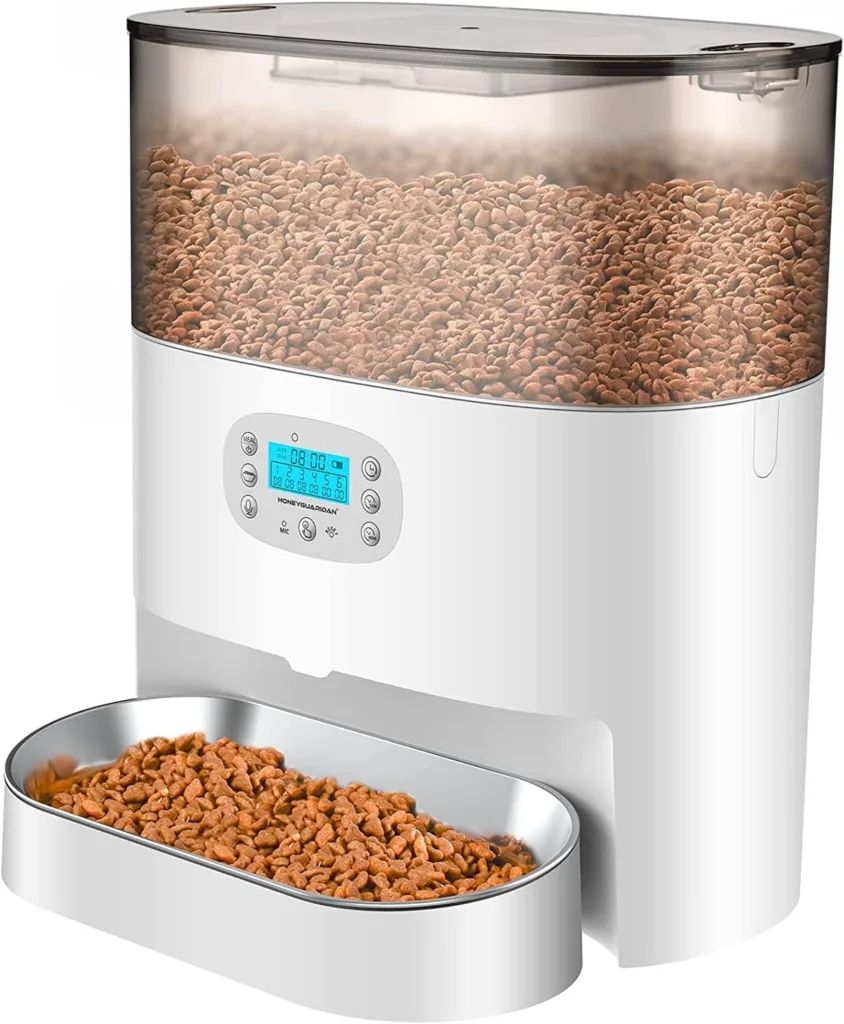 HoneyGuaridan Automatic Cat Feeder, Pet Feeder for Cat and Dog with Desiccant Box, 6L Food Dispenser with Timer, 1-24 Portions Control, Voice Recorder, Dual Power Supply - up to 6 Meals a Day