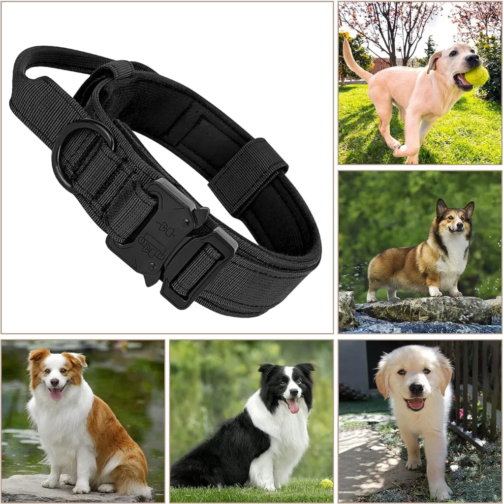 Ledeak Tactical Dog Collar, Padded Breathable Soft Nylon Pet Collar with Heavy-Duty Metal Buckle, Adjustable Basic Military Dog Collar with Handle for Medium Large Dogs (M, Black)