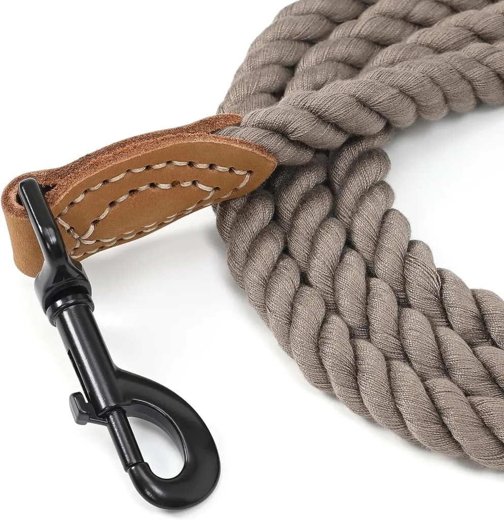 Mile High Life Braided Cotton Rope Leash with Leather Tailor Handle and Heavy Duty Metal Sturdy Clasp (Camel, 5 FT)