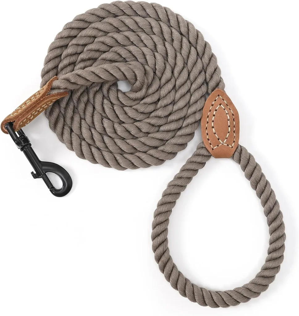 Mile High Life Braided Cotton Rope Leash with Leather Tailor Handle and Heavy Duty Metal Sturdy Clasp (Camel, 5 FT)