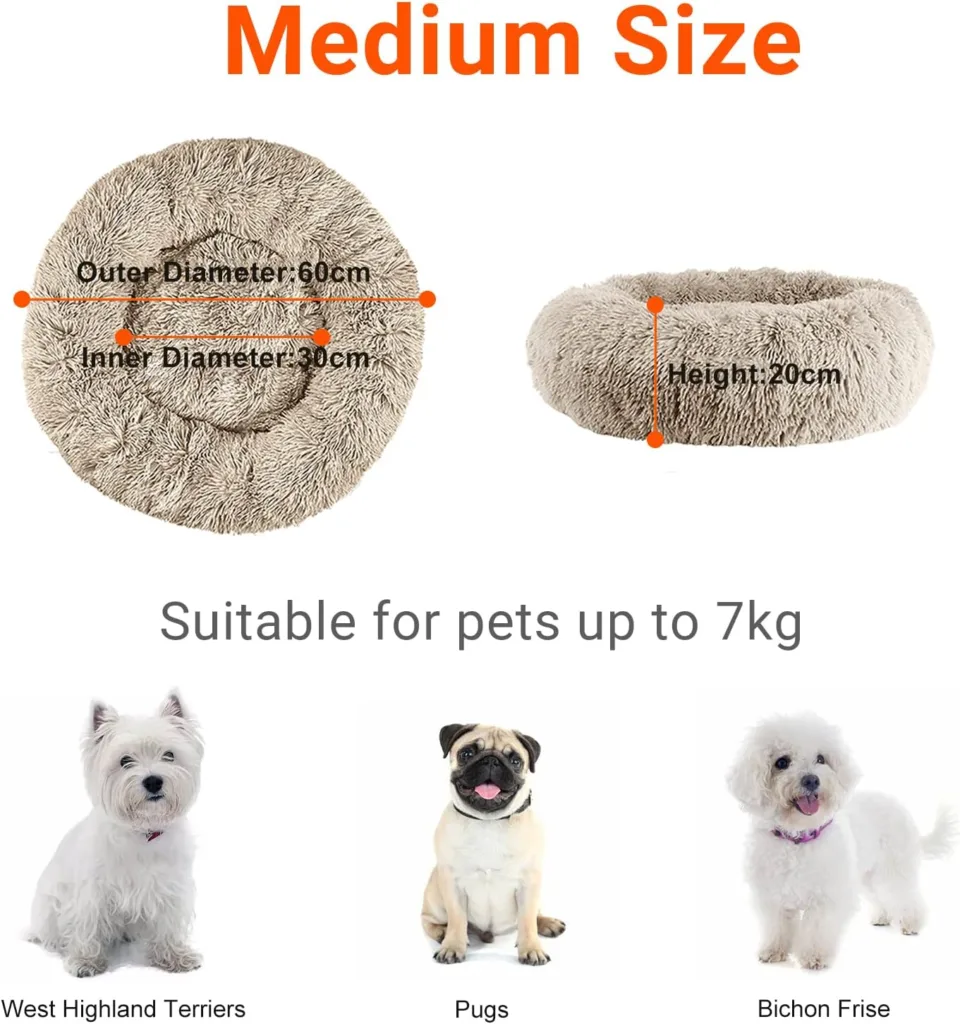 OKPOW Donut Dog Bed Medium Washable - Anti Anxiety Calming Cosy Fluffy Plush Puppy Kitten Round Super Soft Snuggle Pet Cat Beds for Indoor Cats: Beige 60cm