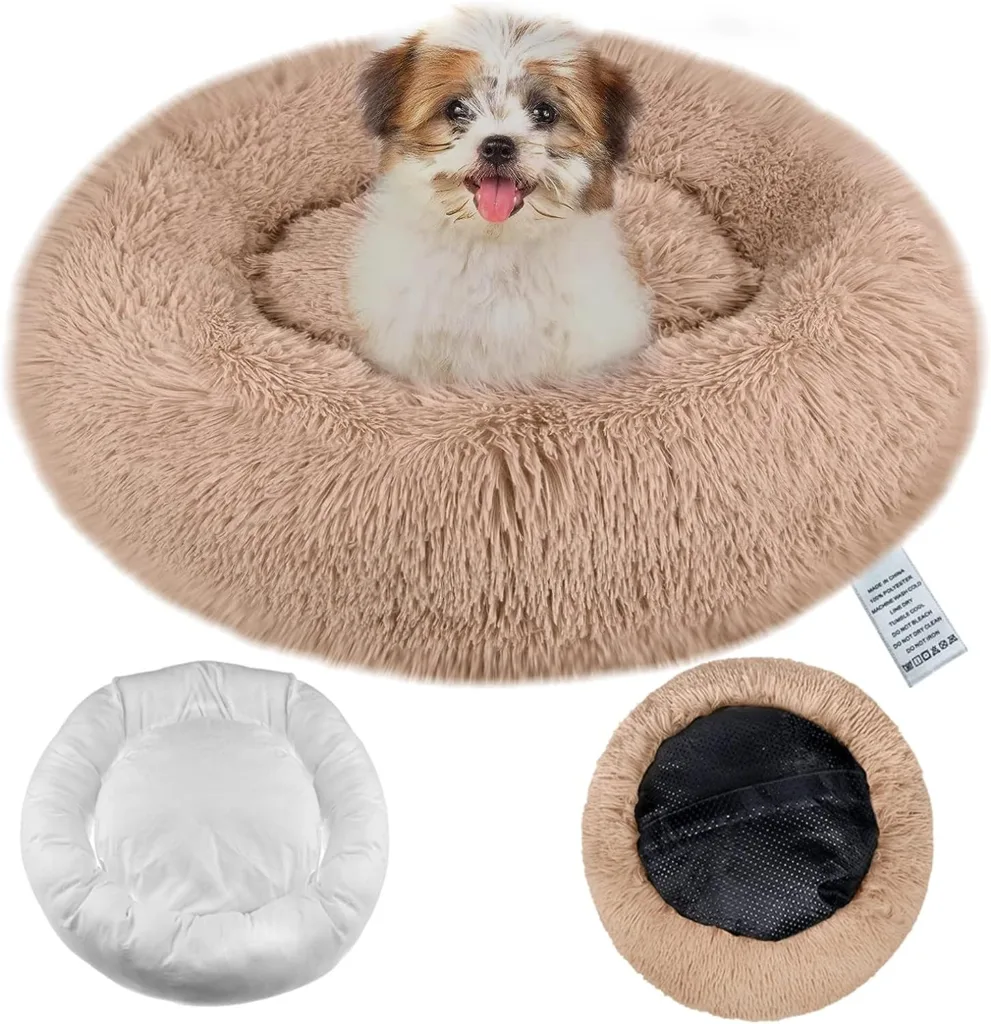 OKPOW Donut Dog Bed Medium Washable - Anti Anxiety Calming Cosy Fluffy Plush Puppy Kitten Round Super Soft Snuggle Pet Cat Beds for Indoor Cats: Beige 60cm