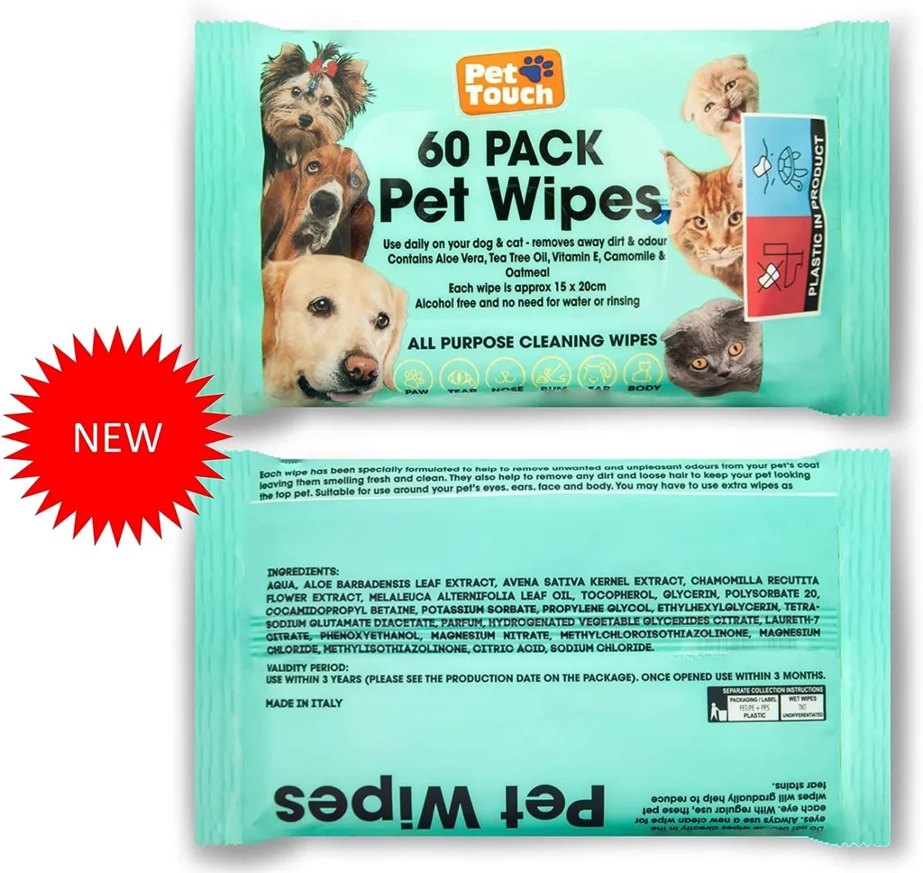 Pet Touch X 60 Pack All Purpose PET WIPES for daily Cleaning of your Dogs and Cats Deodorizing ALCOHOL FREE and WET Moist Dog Paw Cleaner  Dog Ear Cleaner Wipes Pack (120 Wipes)