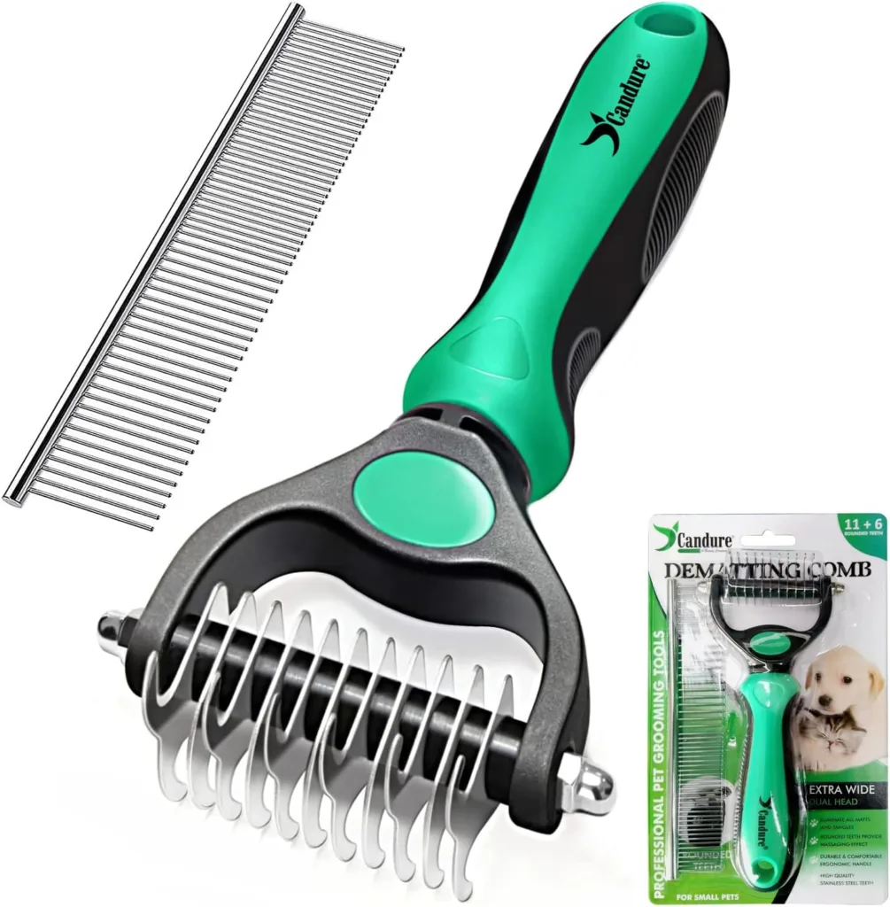 Candure Dematting Comb for Dog and Cat, Pet Grooming Rake and Brushes for Small  Medium Dogs 11+6 Double Sided Blade Deshedding Tool Removes Knots, Undercoat, Mats and Tangled Hair (Green)