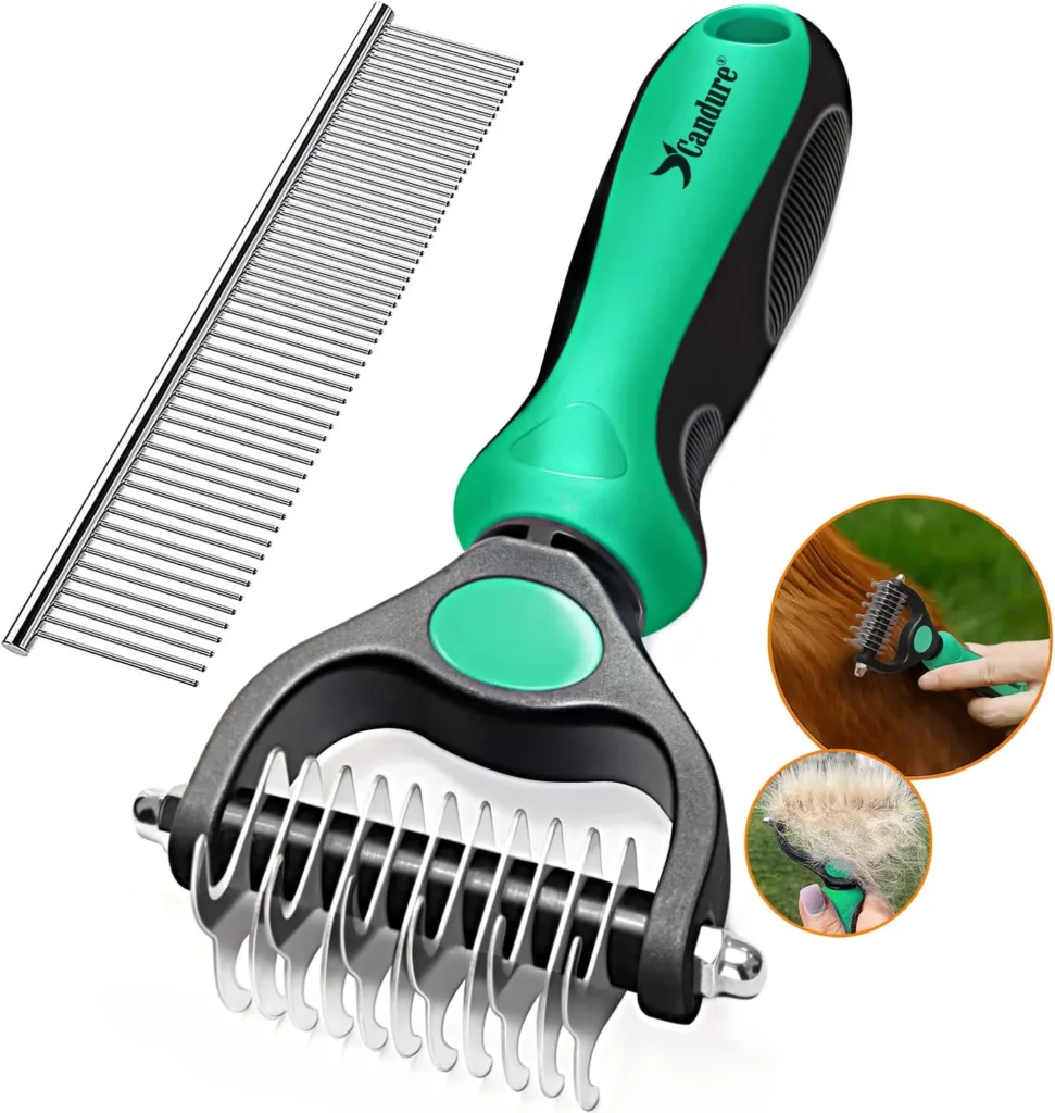 Candure Dematting Comb for Dog and Cat, Pet Grooming Rake and Brushes for Small  Medium Dogs 11+6 Double Sided Blade Deshedding Tool Removes Knots, Undercoat, Mats and Tangled Hair (Green)