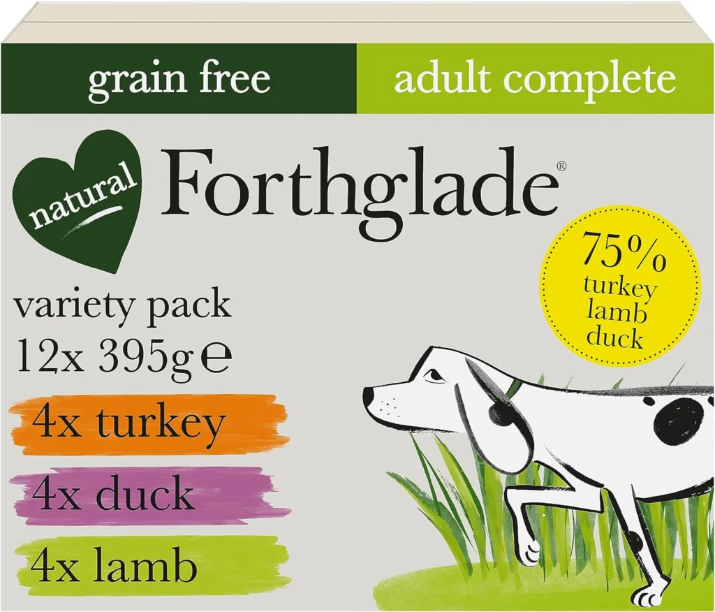 Forthglade Complete Natural Wet Dog Food - Grain Free with vegetables Variety Pack (12 x 395g) Trays - Turkey, Lamb  Duck - Adult Dog Food 1 Year+