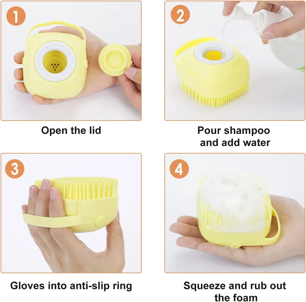 FuninCrea Cat Dog Bath Brush Silicone Dog Bath Massage Brush with Shampoo Dispenser Soft Silicone Pet Grooming Soothe Massage Brush for Dogs, Cats, Small Animals Shower (Yellow)