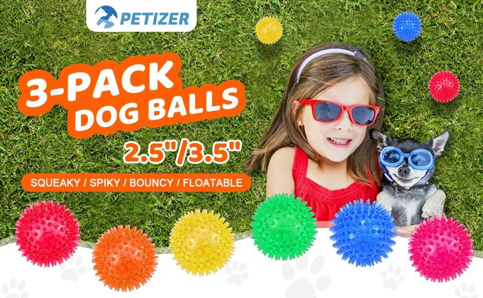 petizer 3-PACK6.5cm Squeaky Dog Ball Toys ，Dogs Chew Spiky Ball ， Floatable Dog Pool toy,Toss Fetch Toys for Puppy Rubber TPR, Dog Chew Toys for Boredom, Teeth Cleaning for Small and Medium Dogs