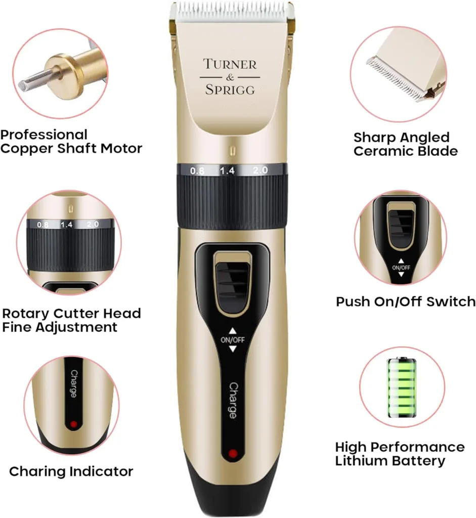 Turner  Sprigg Professional Low Noise, Dog Clippers Cordless, Dog Grooming Clippers, Dog Clippers Professional for Thick Hair, Pet Trimmer Set with Accessories