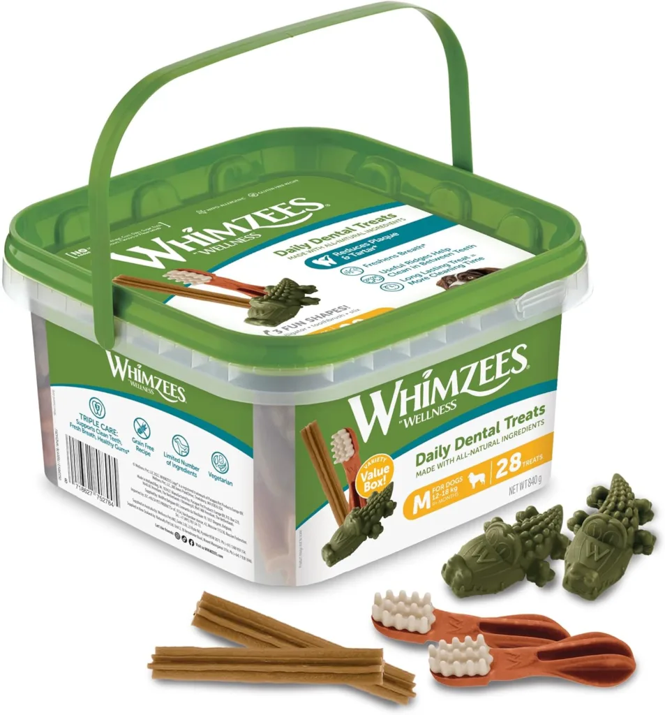 WHIMZEES By Wellness Variety Box, Mixed Shapes, Natural and Grain-Free Dog Chews, Dog Dental Sticks for Medium Breeds, 28 Pieces, Size M